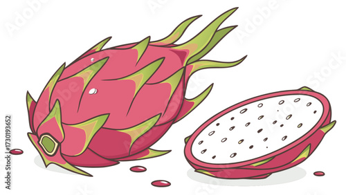Illustration of a whole dragon fruit and a halved dragon fruit with small dark seeds inside it