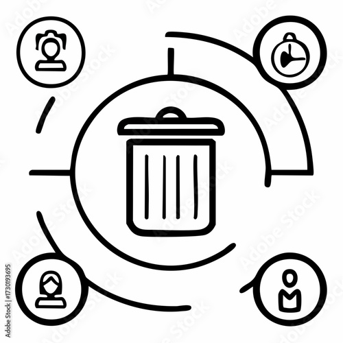 Minimalist outline icon depicting a waste bin or trash can, symbolizing deletion, removal, disposal, or recycling in digital interfaces and clean-up processes