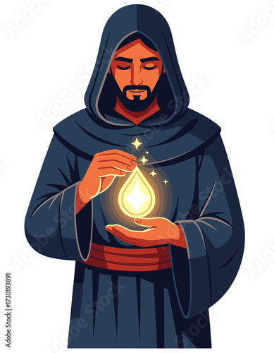 Mysterious Monk Holding Magic Light Spell Fantasy Character Design
