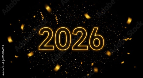 2026 new year celebration with gold confetti on black background  