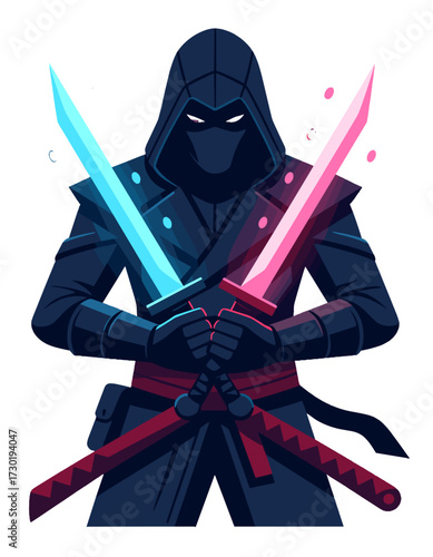 Ninja Assassin Gaming Character Esport Mascot Glowing Swords
