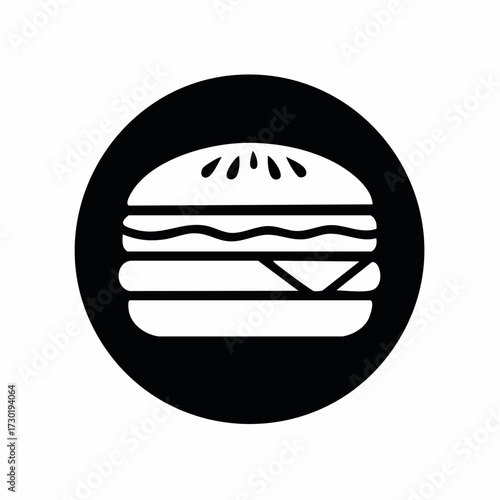 A stylized white icon of a cheeseburger on a black circular background, symbolizing fast food and a popular meal choice