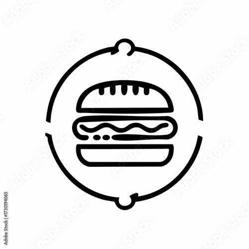 Circular icon representing a simplified illustration of a hamburger within a circular arrow frame, symbolizing fast food and quick service