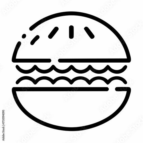 Minimalist vector outline icon depicting a classic hamburger, ideal for digital interfaces, food delivery services, or culinary branding, representing fast food and convenience