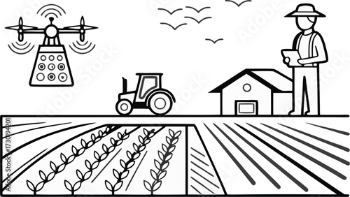 Modern farmer uses drone and tablet to manage crops and tractor in smart agriculture field, embracing innovation for efficient cultivation and sustainable farming practices.