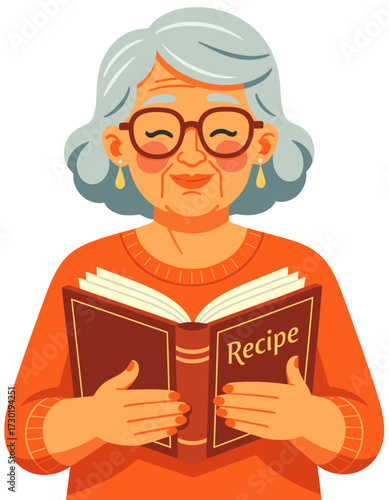 Grandma Reading Cookbook Happy Senior Woman Recipe Book Cooking Class