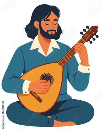 Man Playing Lute Folk Music Instrument Muted Colors Meditation Hobby