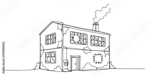 Haunted Abandoned House Line Art Illustration