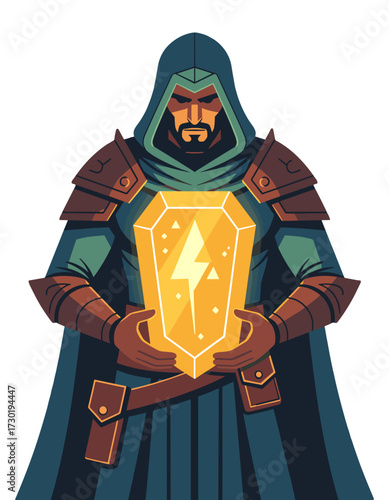 Warrior Wizard Sorcerer Mage Holds Magic Thunderstone Crystal