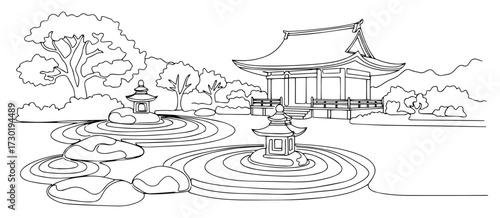 Japanese Zen Garden with Temple Line Art