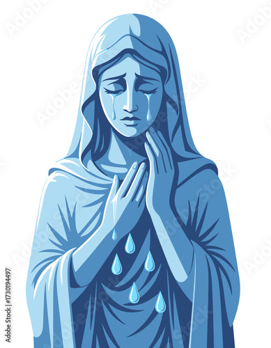 Crying Virgin Mary Sculpture Religious Mourning Blue Statue