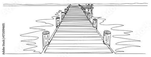 Wooden Pier Over Calm Water Line Art