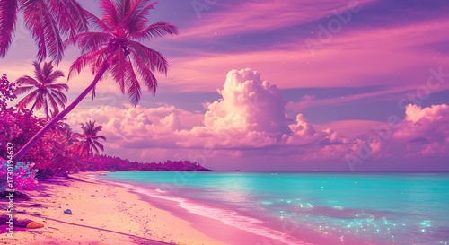 Tropical beach scene with palm trees silhouetted against a vibrant pink and purple sunset sky, turquoise ocean water, and white sand.