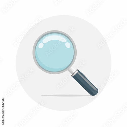 Simple flat design magnifying glass icon in a grey circle, representing the concept of search, discovery, and analysis