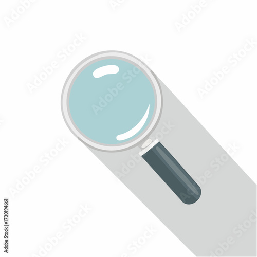 A flat design style vector illustration of a magnifying glass icon with a long shadow, representing concepts of search, analysis, and discovery
