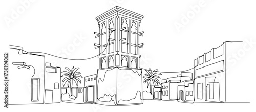 Desert Old Town Street with Watchtower and Palms