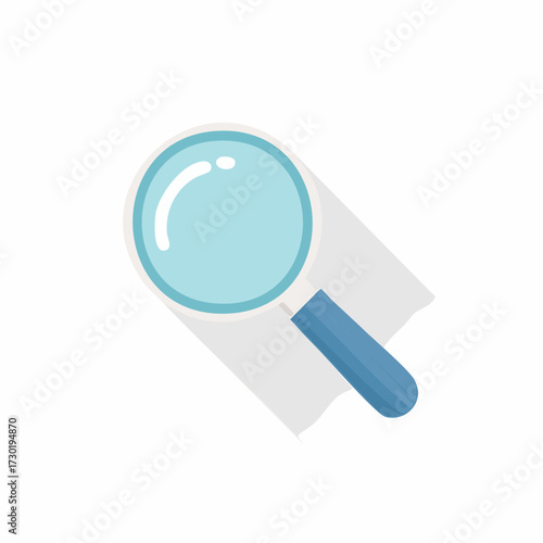 Blue magnifier icon with a long shadow, a concept for data analysis, search engine optimization, and detailed examination