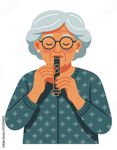 Elderly Woman Playing Recorder Music Instrument Musician Hobby Flat