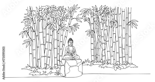 Continuous Line Drawing of a Meditating Buddha in a Bamboo Forest