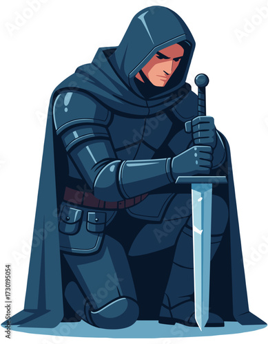 Hooded Knight Kneeling Holding Sword Fantasy Armor Warrior