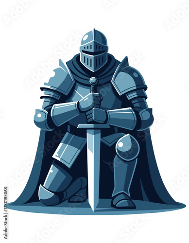 Knight In Full Armor Kneeling Holding Sword Medieval Fantasy Figure