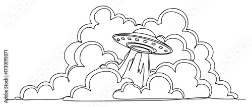 Continuous Line Drawing of a UFO Flying Saucer in the Clouds