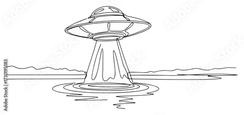 Single Continuous Line Art of a UFO Abducting from the Water