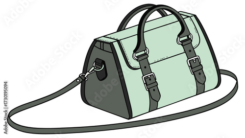 Illustration of a stylish satchel with a shoulder strap and buckle details in light green and gray colors