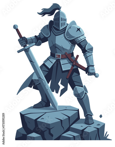 Armored Knight Standing on Rock Holding Greatsword Medieval Warrior Character