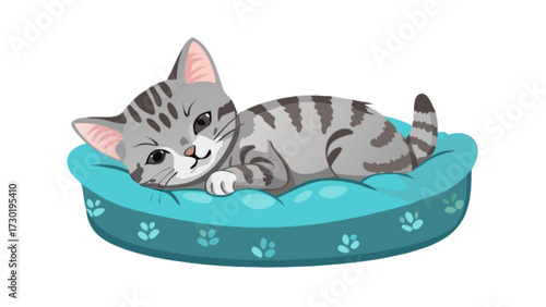 A sleepy grey tabby cat lying comfortably on a blue pet bed with paw print designs all around it