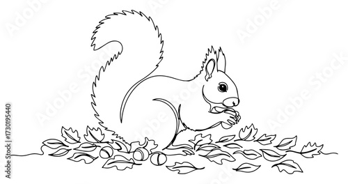 Squirrel With Acorn in Autumn Leaves Coloring Page