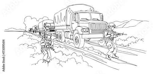 Military Convoy with Armed Soldiers Line Art