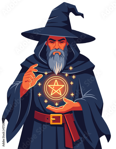 Wise Old Wizard Sorcerer Magic Spellcasting Glowing Pentagram Mystical Fantasy