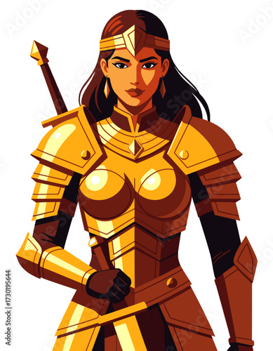 Female Warrior Character Golden Armor Heroic Pose Fantasy Game Design