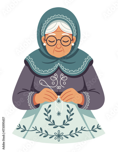 Grandma Embroidering Folk Art Elder Woman Hobby
