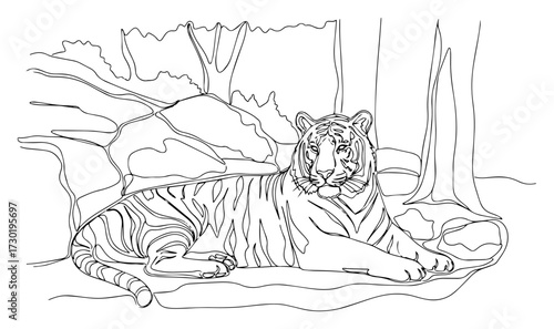 Resting Tiger in Forest Line Art