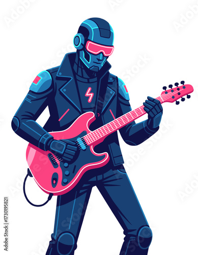 Cyberpunk Robot Guitar Player Synthwave Style Music Performance Character