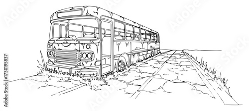 Abandoned Bus on Cracked Road Line Drawing