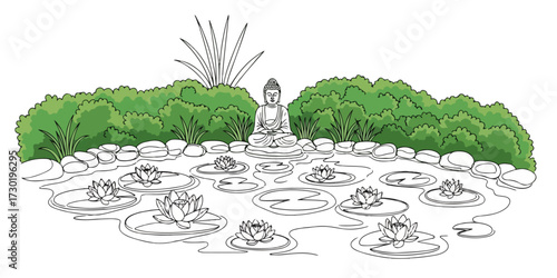 Zen Lotus Pond with Buddha Statue Illustration