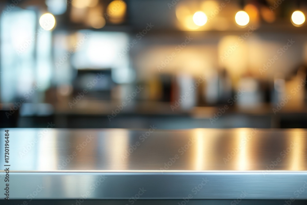 Fototapeta premium Empty Metallic Countertop in Blurred Restaurant Kitchen