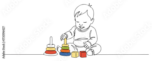 Baby Playing with Stacking Rings and Blocks Line Art