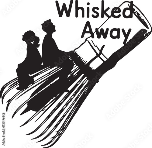 Whisked away silhouette of couple and dog riding a whisk design representing adventure and travel vector