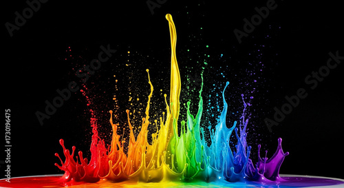 A vibrant explosion of rainbow paint creates a dynamic and colorful splash against a stark black backdrop, creating a striking visual