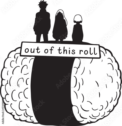 Anime silhouettes three young people on onigiri rice ball out of this roll japanese food cartoon art vector