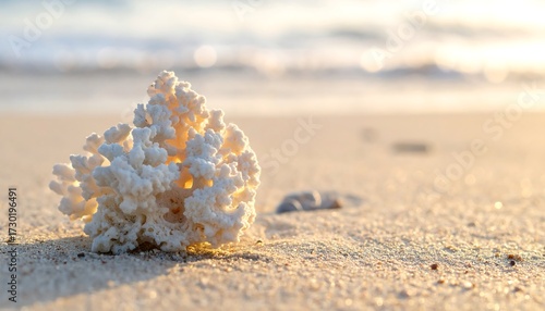 Fototapeta Naklejka Na Ścianę i Meble -  White coral rests on a sunlit beach, ocean softly blurred in background