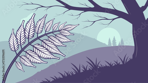 Illustration of a tree with leaves and branches in a landscape with hills and a rising sun behind them