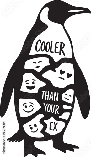 Funny penguin silhouette with icebergs shaped like faces holding "cooler than your ex" text for apparel and gifts vector