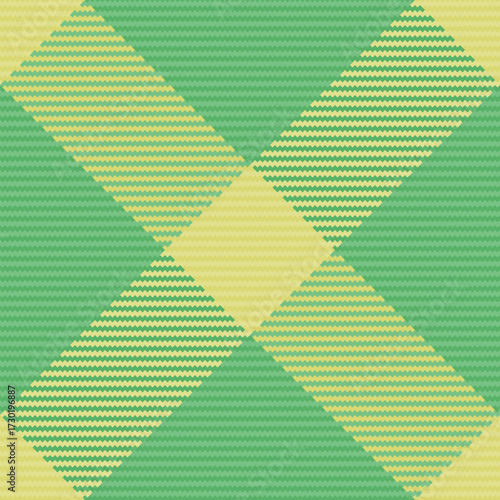 Thin check seamless fabric, attire pattern vector background. Ornamental textile tartan plaid texture in green and yellow colors.