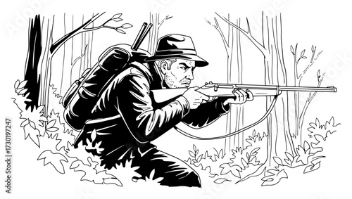 Crouching Hunter with Rifle in Forest Line Art