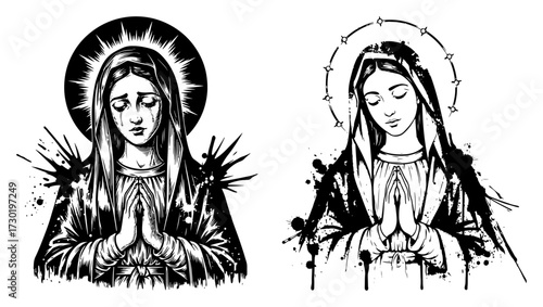 Virgin Mary Praying Sacred Line Art